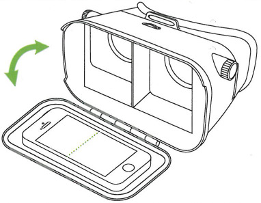 Open front of headset and insert mobile phone in tray.