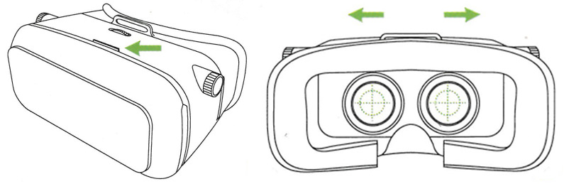 Pupil distance adjustment wheel on top and center of headset.